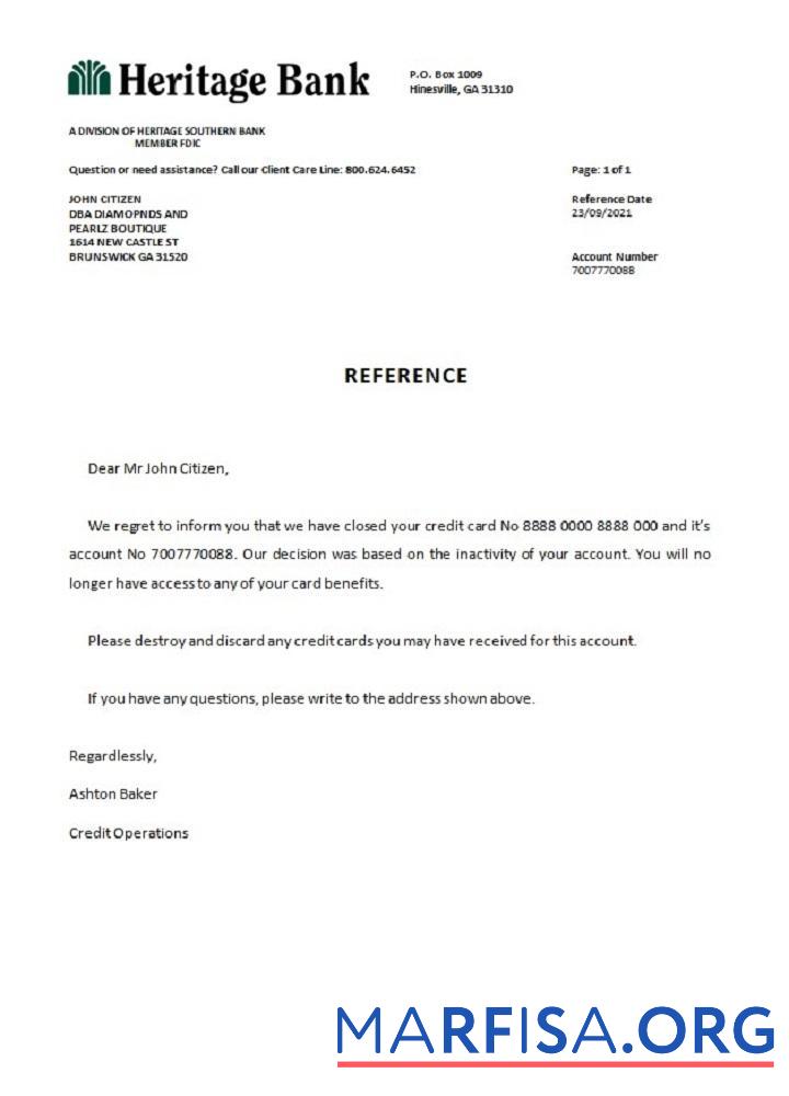 Downloadable USA Heritage Bank closure reference download for verification